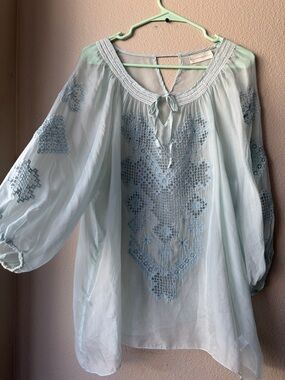 4LifeAndLiberty by Johnny Was Light Aqua Embroidered Peasant Tunic XL *FLAWS